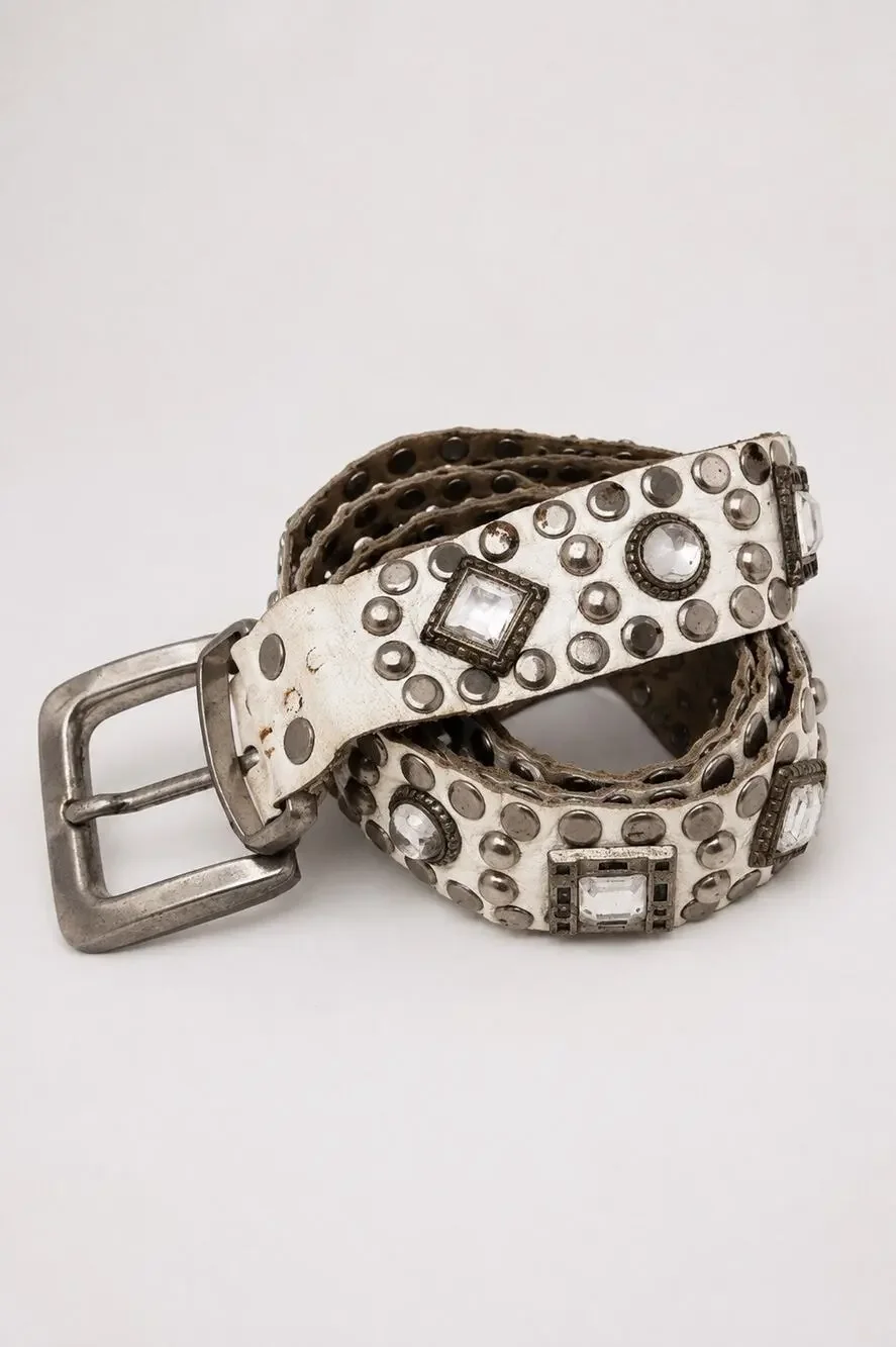 Sand Castle New York Vintage 80s White Leather Jewel Embellished Belt